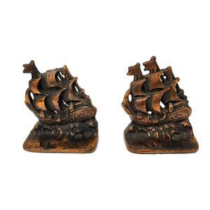 Vintage Cast Iron Bronze Gilded Sailing Ship Galleon Bookends Pair Nautical